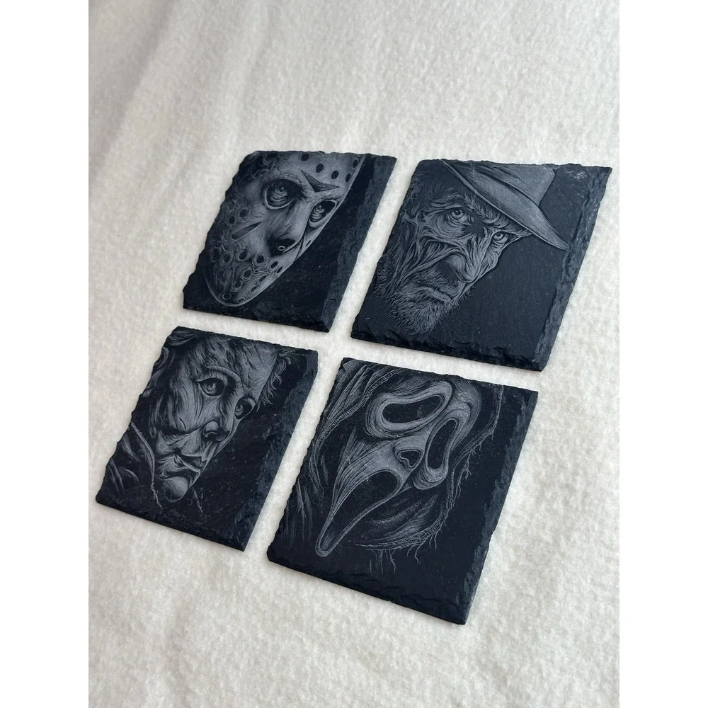 Horror Movie Slate Coasters Set of 4 Laser Engraved Slasher Halloween Gift Art